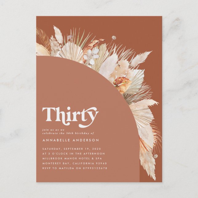 Modernes Pampasgras 30. Geburtstag Terrakotta Postkarte (Vorderseite)
