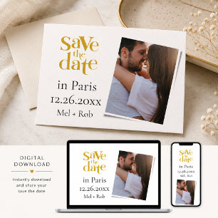 Modernes Paris Gold Einzigartiges Foto Save the Da Einladung
