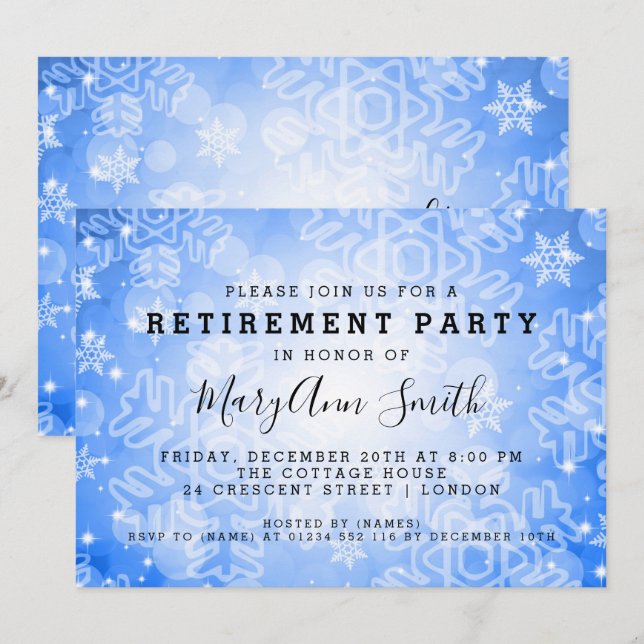 Modernes Party für Altersversorgung Blue Winter Bo Einladung (Vorne/Hinten)