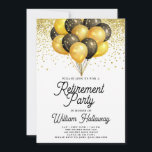 Modernes Party für die Altersvorsorge Gold Black B Einladung<br><div class="desc">Eine moderne festliche Ruhestandszeit-Party Einladung mit goldenen und schwarzen Ballons und goldenem Glitzer und einer Kalligraphie-Schriftzeichen-Typografie.</div>
