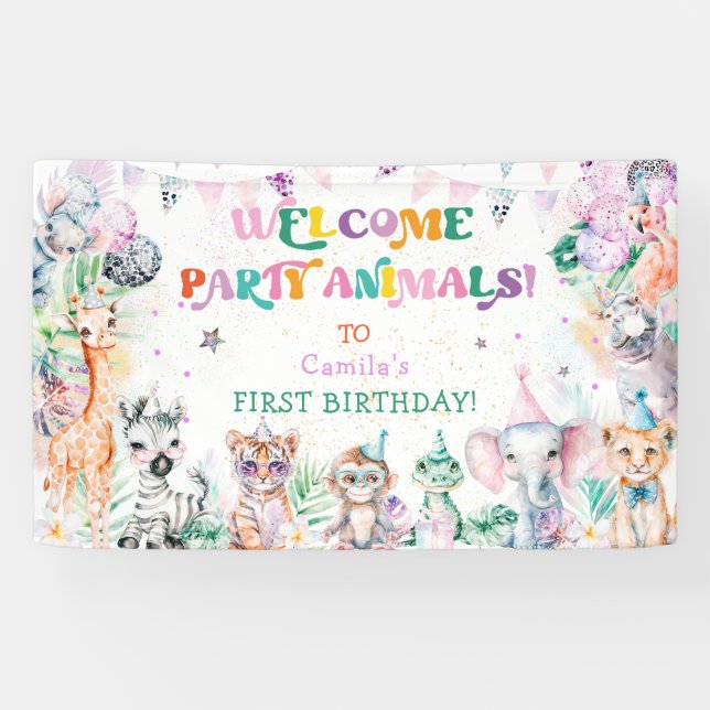 Modernes Party Niedlicher Tiere Girl Birthday Will Banner (Horizontal)