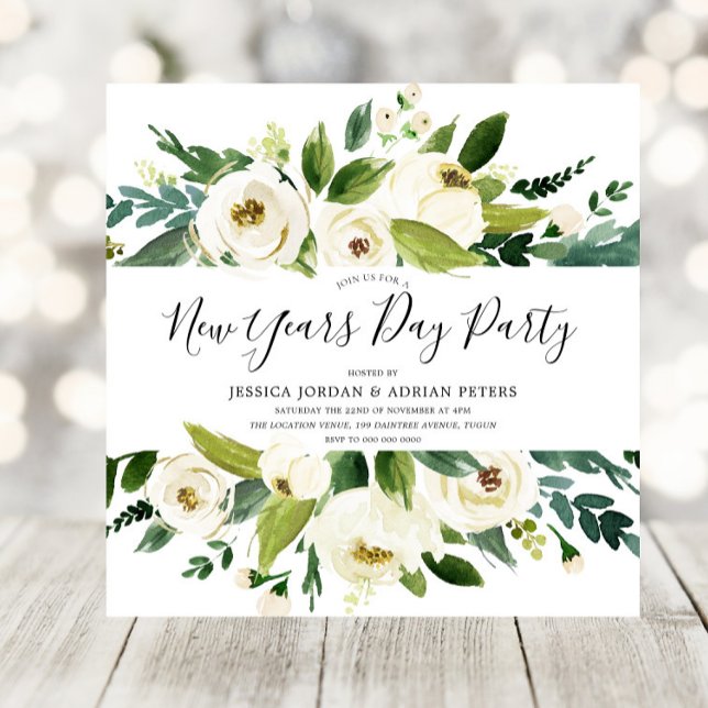 Modernes Party von White Florals Green New Years Einladung (Von Creator hochgeladen)