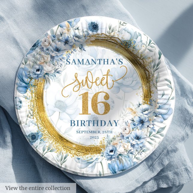 Modernes Pastel Blue Sweet 16 Gold Glitzer Party Pappteller (Modern Pastel Blue Sweet 16 Gold Glitter Party Paper Plates)