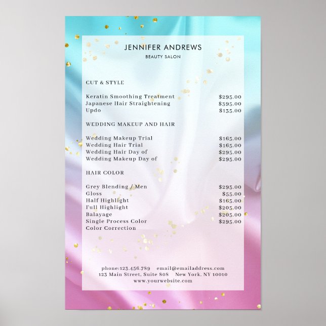 Modernes, pastellfarbenes Glitzer Salon Preisliste Poster (Vorne)