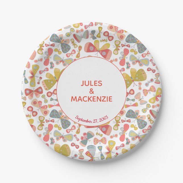 Modernes, pastellfarbenes, grafisches Schmetterlin Pappteller (Vorderseite)