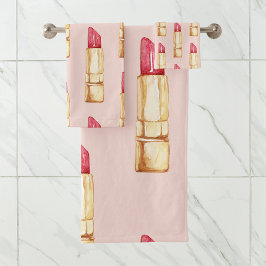 Modernes, pastellfarbenes rosa und rotes Lipstick- Badhandtuch Set