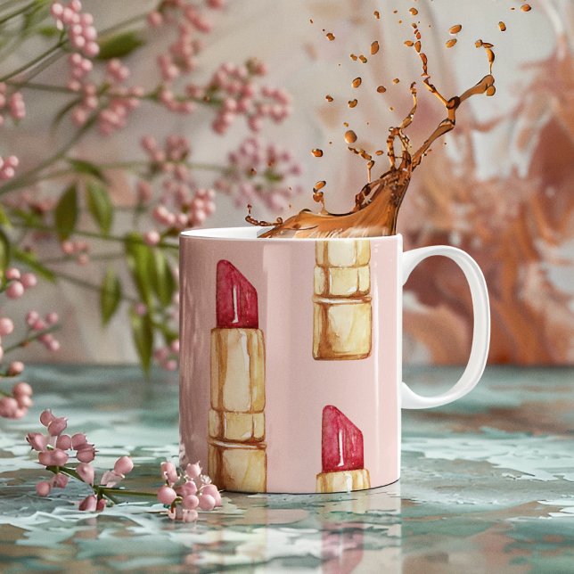 Modernes, pastellfarbenes rosa und rotes Lipstick- Kaffeetasse (Von Creator hochgeladen)
