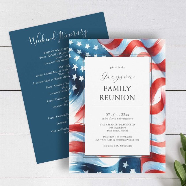 Modernes Patriotisches Familienunternehmen Wieders Einladung (American flag family reunion invitations red white and blue with weekend itinerary)