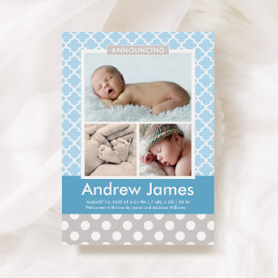 Modernes Pattern Baby Boy Foto Blue Gray Birth Ankündigung
