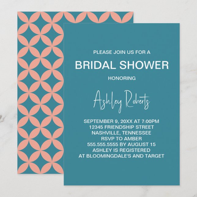 Modernes Peach & Blue Mod Brautparty Mitte des Jah Einladung (Vorne/Hinten)