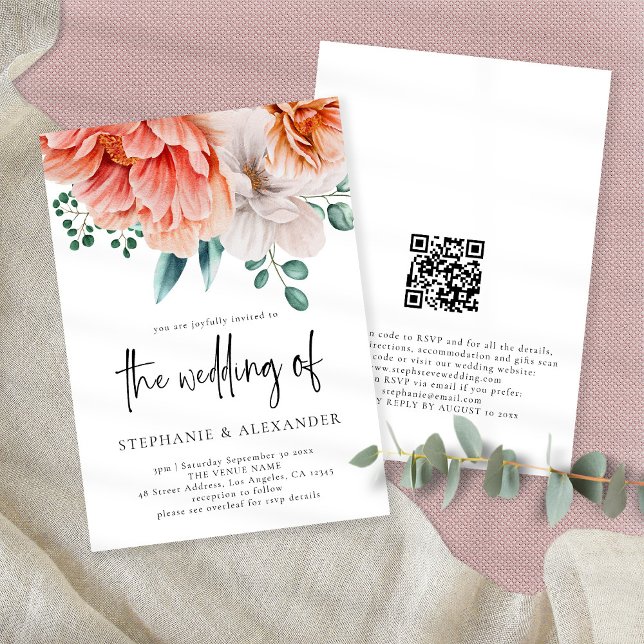 Modernes Peach Florals Script QR Code Hochzeit Einladung (Von Creator hochgeladen)