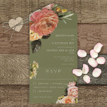 Modernes Peach Mimosa Blumenstuhl Grün Abendessen All In One Einladung<br><div class="desc">AUCH MIT EINEM QR CODE IM UAWG BEREICH ERHÄLTLICH. Das Design ist lebensecht pfirsichfarben, rot, gelb und weiß, mit Grün auf einem olivgrünem Hintergrund. Personalisierte All-In-One-Einladungen sind eine einzigartige Kombination aus einer schön gedruckten, maßgeschneiderten Einladung und einer leicht zu abreißenden perforierten UAWG-Postkarte. Und sie sind so einfach zu bedienen! Man...</div>