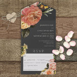 Modernes Peach Mimosa Floral Black Dinner All In One Einladung<br><div class="desc">AUCH MIT EINEM QR CODE IM UAWG BEREICH ERHÄLTLICH. Das Design besticht durch lebensechte Pfirsichblüten, Blüten, Gelb und Weiß, die Grünpflanzen auf dunkelkohlegrauem Hintergrund. Personalisierte All-In-One-Einladungen sind eine einzigartige Kombination aus einer schön gedruckten, maßgeschneiderten Einladung und einer leicht zu abreißenden perforierten UAWG-Postkarte. Und sie sind so einfach zu bedienen! Man...</div>