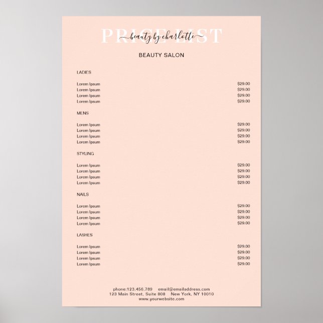 Modernes Peach Price List Poster (Vorne)