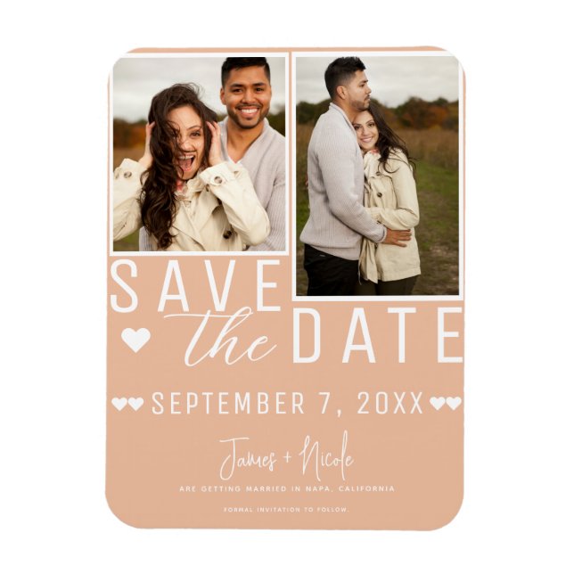 Modernes Peach Save the Date 2 Foto Hochzeit Magnet (Vertikal)
