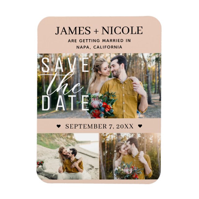 Modernes Peach Save the Date Hochzeit 3 Fotos Magnet (Vertikal)