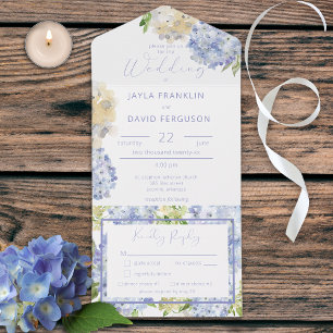 Modernes Periwinkle & White Hydrangeas Abendessen All In One Einladung