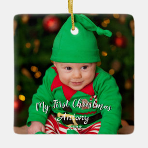 Modernes Personalisiertes Baby's First Christmas F Keramikornament