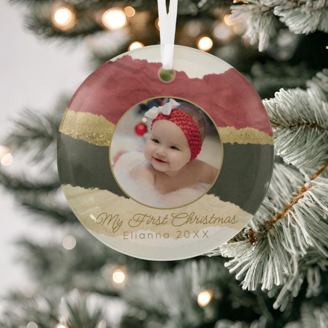 Modernes Personalisiertes Baby's First Christmas F Ornament Aus Glas (Von Creator hochgeladen)