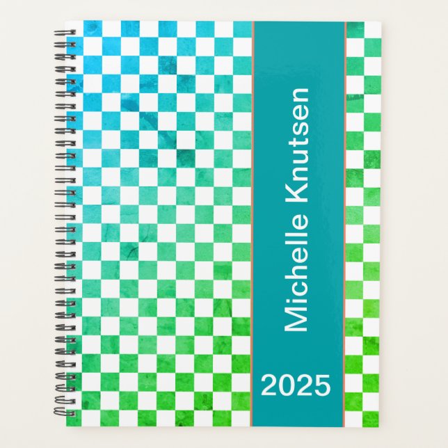 Modernes Personalisiertes Blau und Grüne Checkered Planer (Vorderseite)