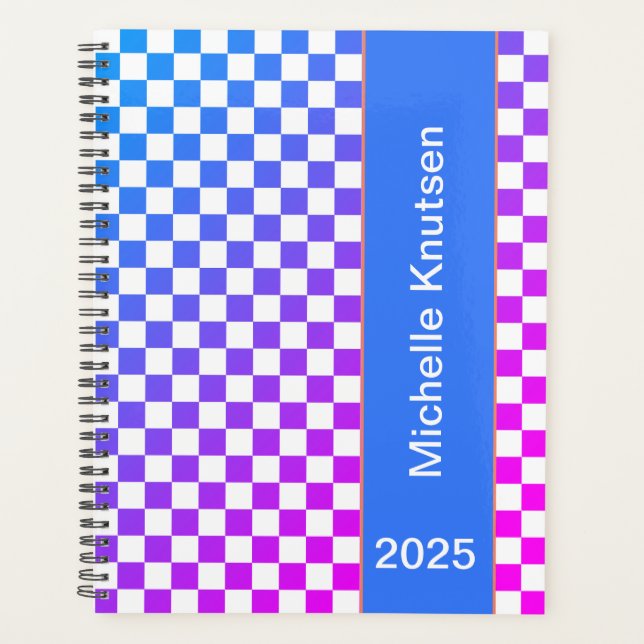 Modernes Personalisiertes Blau und Rosa Checkered  Planer (Vorderseite)