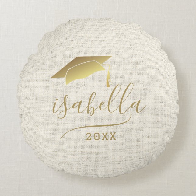 Modernes Personalisiertes Gold-Grad-Cap-Keepake 20 Rundes Kissen (Vorderseite)