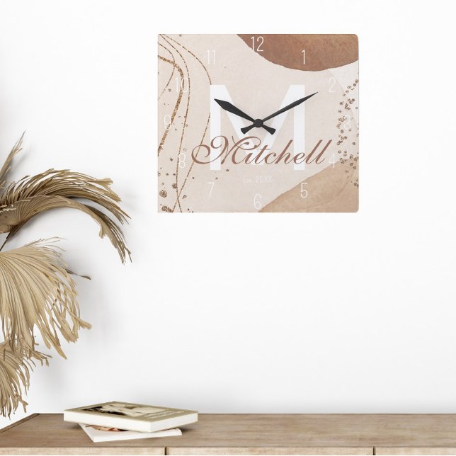 Modernes Personalisiertes Monogramm Abstrakt Quadratische Wanduhr (Von Creator hochgeladen)