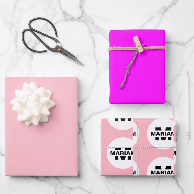 Modernes Personalisiertes Monogramm Name Rosa Gesc Geschenkpapier Set (Vorderseite)