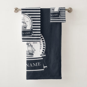 Modernes Personalisiertes Navy Blue Nautical Boat Badhandtuch Set