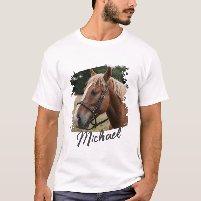 Modernes Personalisiertes Pferd Foto und Text T-Shirt (Vorderseite)
