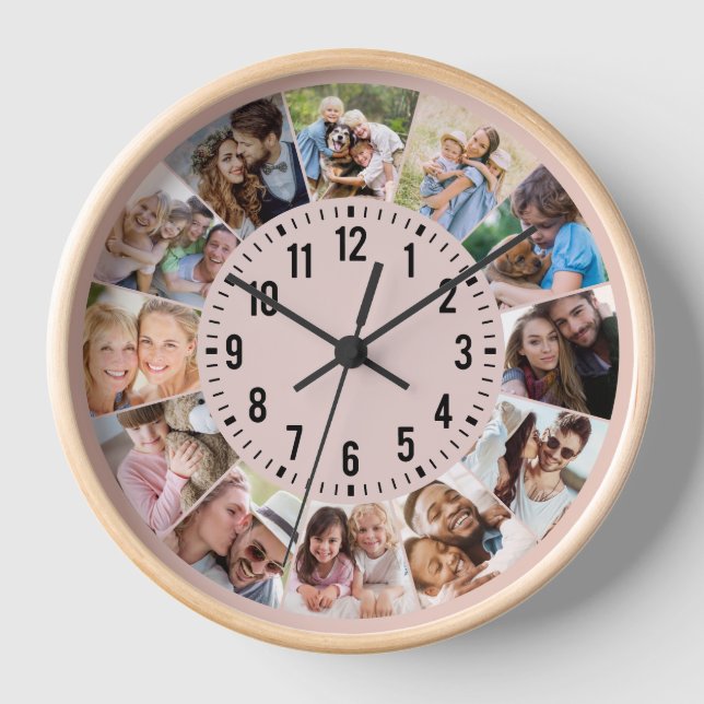 Modernes Personalisiertes Rosa 12-FotoCollage Uhr (Vorderseite)