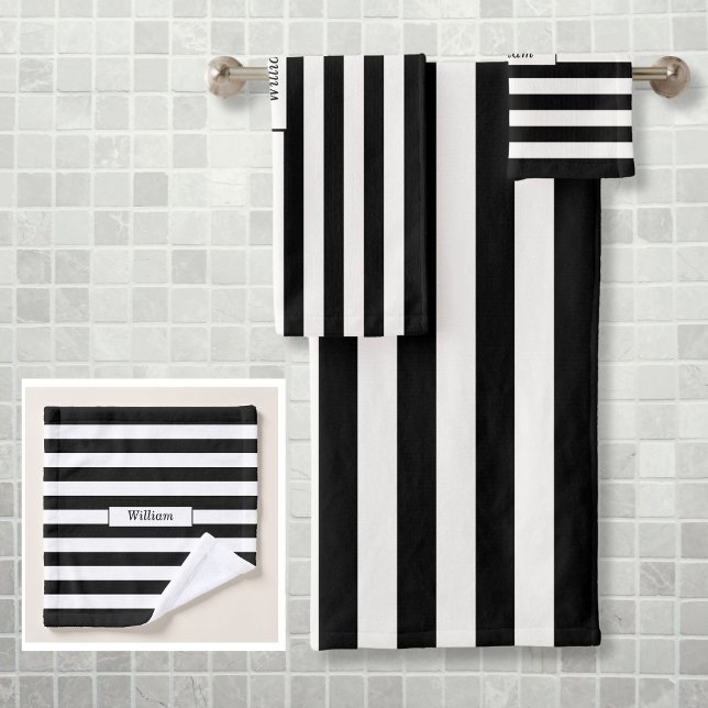 Modernes Personalisiertes Schwarz-Weiß-Streifen Badhandtuch Set (Modern Personalized Black and White Striped Bath Towel Set)