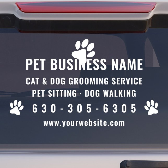 Modernes Pet Grooming Car Window Kleben Fensteraufkleber (Modern pet grooming car window decal with pet paw logo, services offered and phone number in white.)