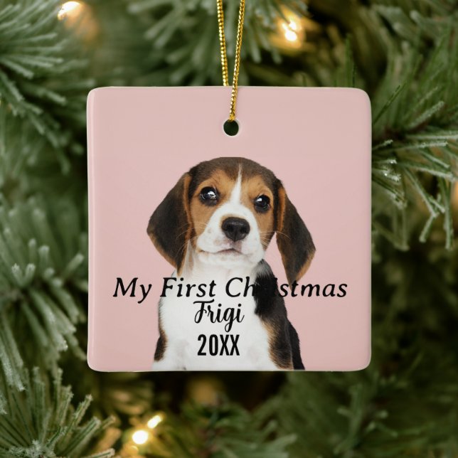 Modernes Pet Script Name First Christmas 2 Foto Keramikornament (Baum)