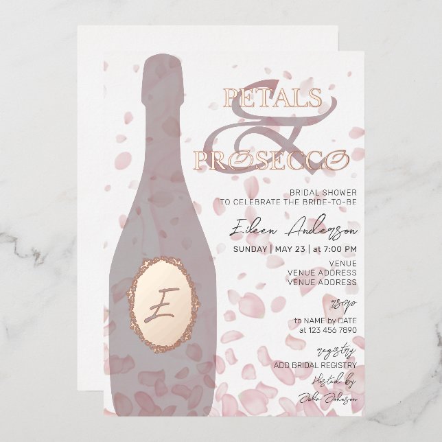 Modernes Petals & Prosecco Rose Brautparty Folieneinladung (Vorderseite/Rückseite)
