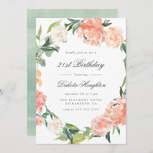 Modernes Pfirsich & Creme Wasserfarbe Blumengeburt Einladung (Vorne/Hinten)