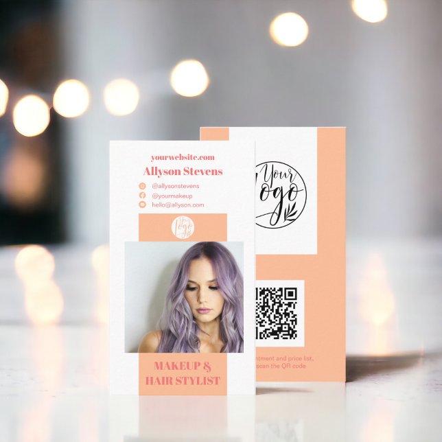 Modernes pfirsichfarbenes Foto qr-Logo Visitenkarte (Modern peach makeup hair photo qr code logo business card)