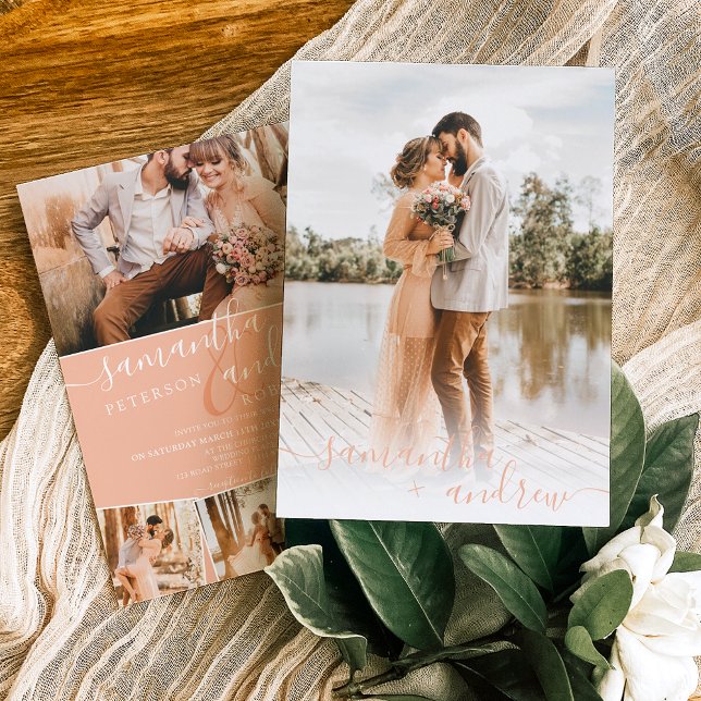 Modernes pfirsichminimalistisches Drehbuch 5 Fotos Einladung (Von Creator hochgeladen)