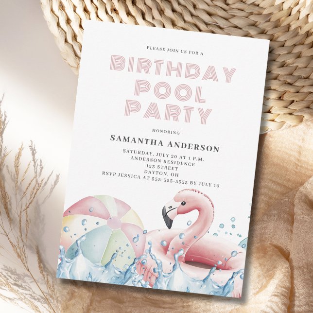 Modernes Pink Birthday Pool Party Einladung (Von Creator hochgeladen)