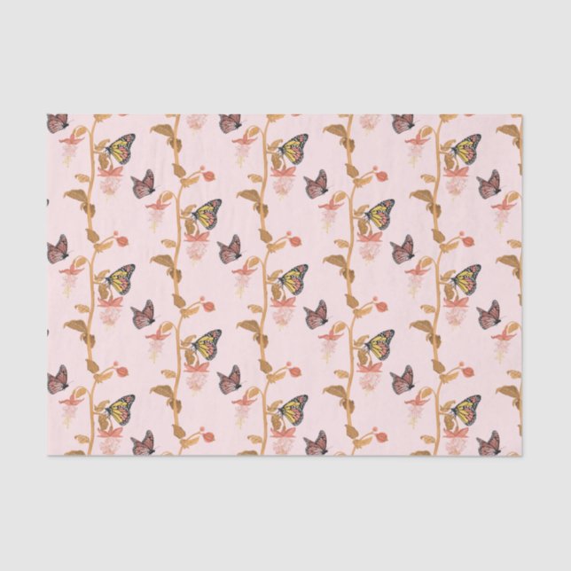 Modernes Pink Boho Butterfly Blumenmuster Seidenpapier (Vorderseite)