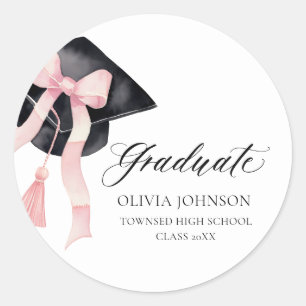 Modernes Pink Bow Coquette Graduate Cap Graduate Runder Aufkleber