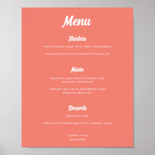 Modernes Pink Coral Script Wedding Menu Sign Poster