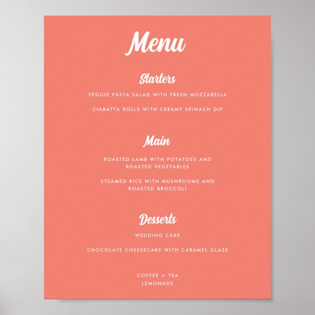 Modernes Pink Coral Script Wedding Menu Sign Poster (Vorne)