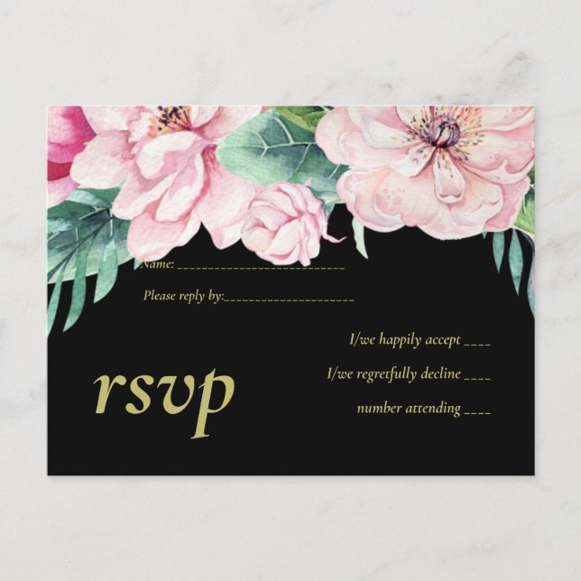 Modernes Pink Floral Black Wedding Budget Einladungspostkarte (Vorderseite)