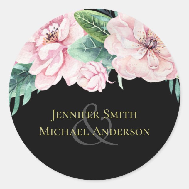 Modernes Pink Floral Black Wedding Budget Runder Aufkleber (Vorderseite)