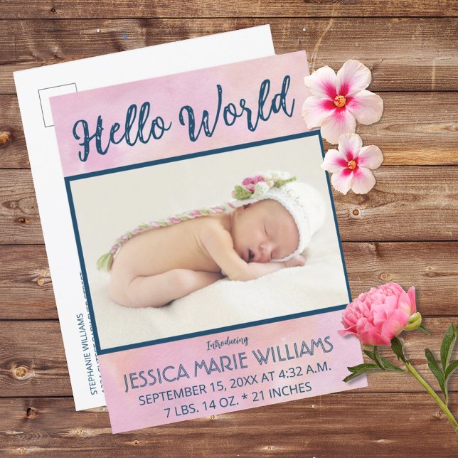 Modernes Pink Girl Baby Announctions Foto Postcard Ankündigungspostkarte (Modern Pink Girl Baby Announcement Photo Postcard)
