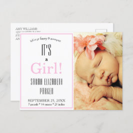 Modernes Pink Girl Foto Geburtshinweis Postkarte