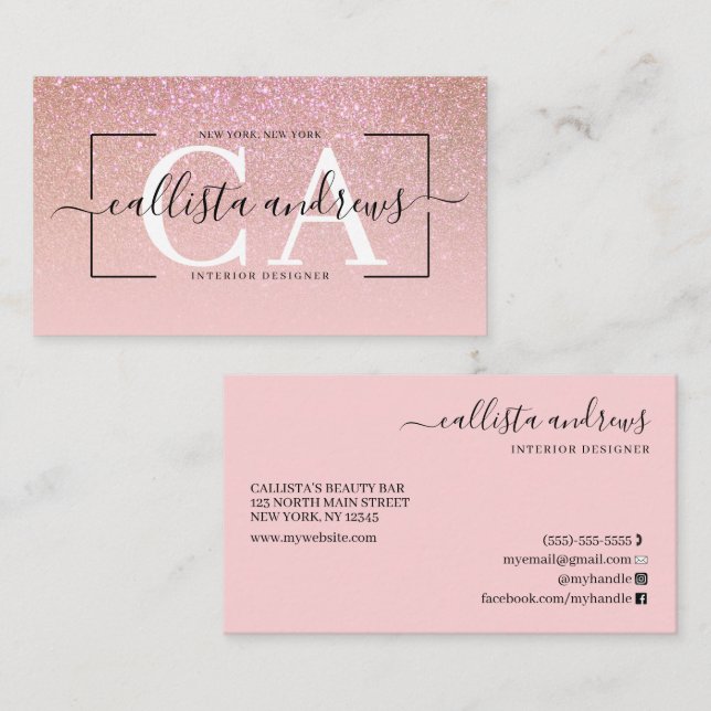 Modernes Pink-Glitzer-Gradient-Signature-Skript Visitenkarte (Vorne/Hinten)