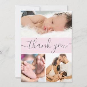 Modernes Pink Gray Baby Girl Foto Collage Script Dankeskarte