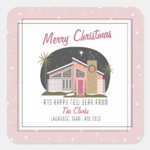 Modernes Pink House Weihnachten des Mitteljahrhund Quadratischer Aufkleber